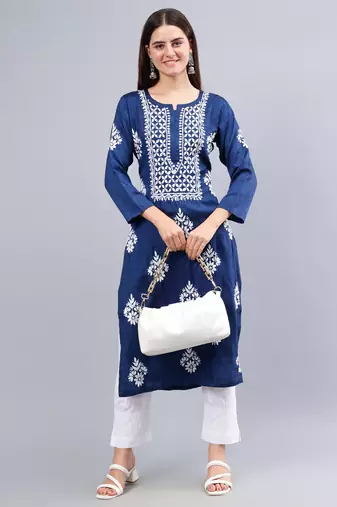 hand embroidered navy blue rayon lucknowi chikan kurta