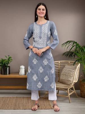 hand embroidered grey rayon lucknowi chikan kurta 1