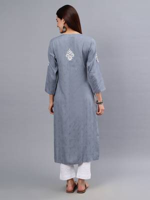 hand embroidered grey rayon lucknowi chikan kurta 2
