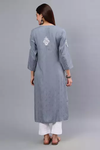 hand embroidered grey rayon lucknowi chikan kurta