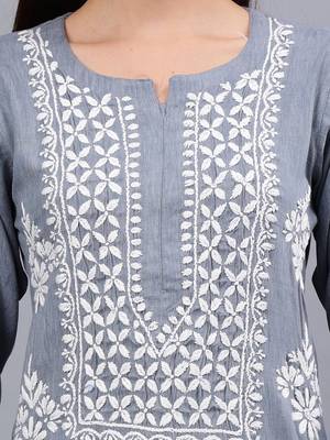 hand embroidered grey rayon lucknowi chikan kurta 3