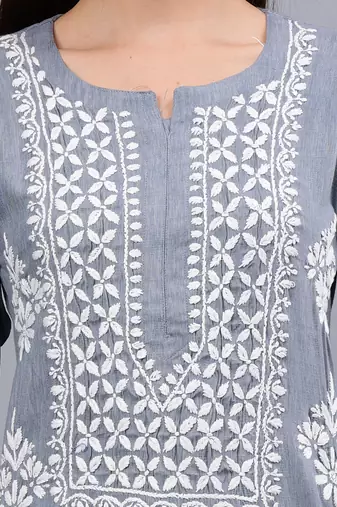 hand embroidered grey rayon lucknowi chikan kurta