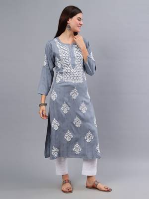 hand embroidered grey rayon lucknowi chikan kurta 4