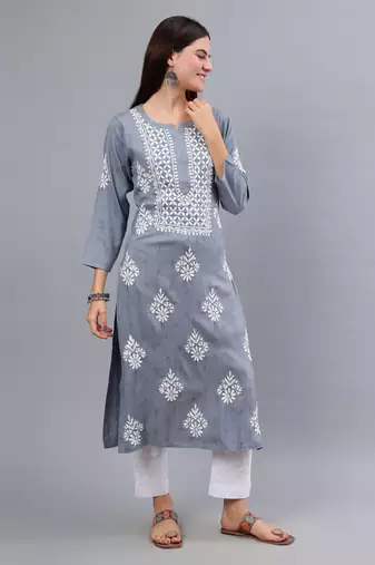hand embroidered grey rayon lucknowi chikan kurta