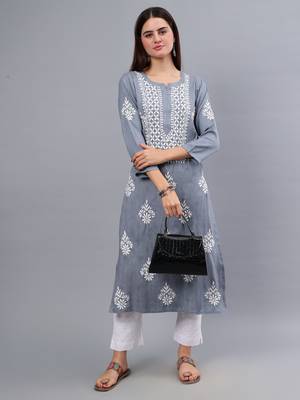 hand embroidered grey rayon lucknowi chikan kurta 5