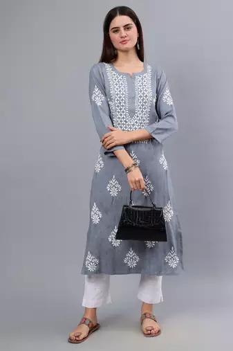hand embroidered grey rayon lucknowi chikan kurta