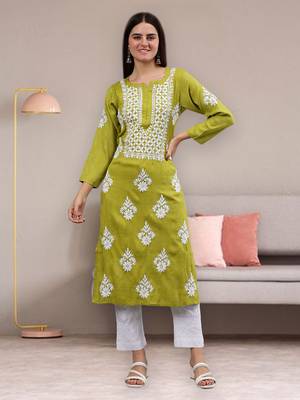 hand embroidered olive green rayon lucknowi chikan kurta 1