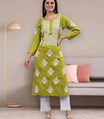 hand embroidered olive green rayon lucknowi chikan kurta