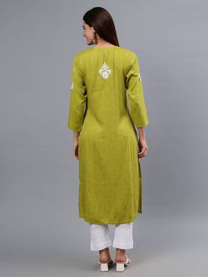 hand embroidered olive green rayon lucknowi chikan kurta 2
