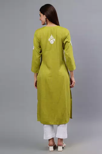 hand embroidered olive green rayon lucknowi chikan kurta