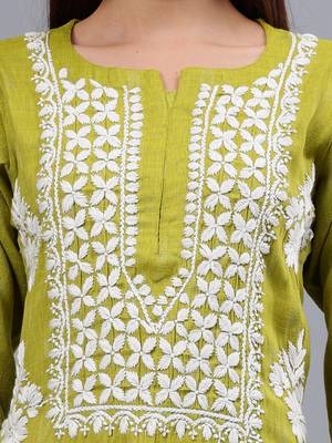 hand embroidered olive green rayon lucknowi chikan kurta 3