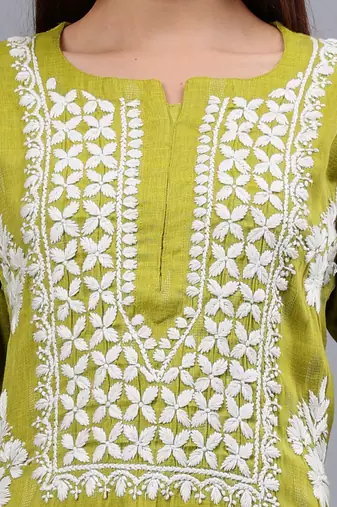 hand embroidered olive green rayon lucknowi chikan kurta