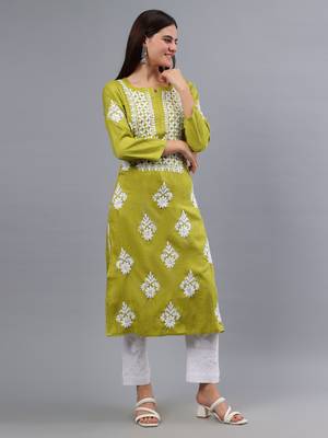 hand embroidered olive green rayon lucknowi chikan kurta 4