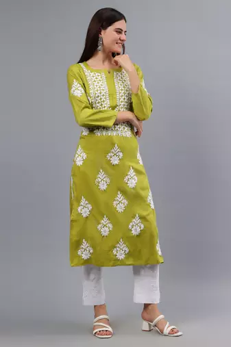 hand embroidered olive green rayon lucknowi chikan kurta