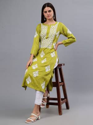 hand embroidered olive green rayon lucknowi chikan kurta 5