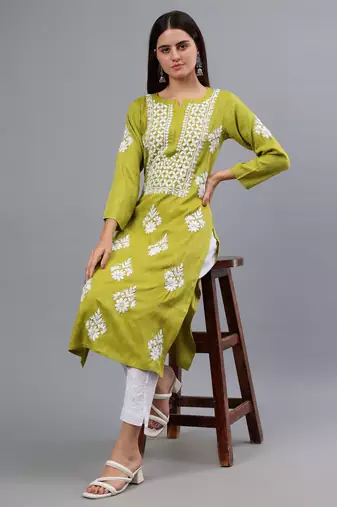 hand embroidered olive green rayon lucknowi chikan kurta