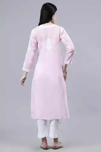 hand embroidered pink cotton lucknowi chikan kurta