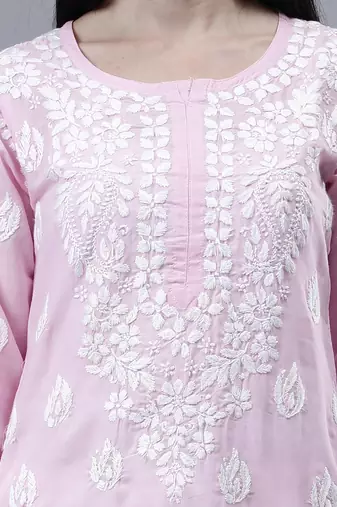 hand embroidered pink cotton lucknowi chikan kurta