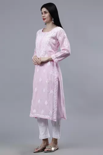 hand embroidered pink cotton lucknowi chikan kurta