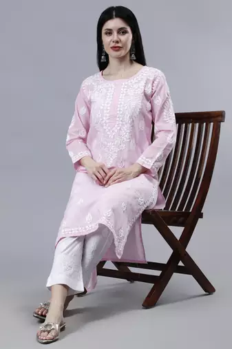 hand embroidered pink cotton lucknowi chikan kurta