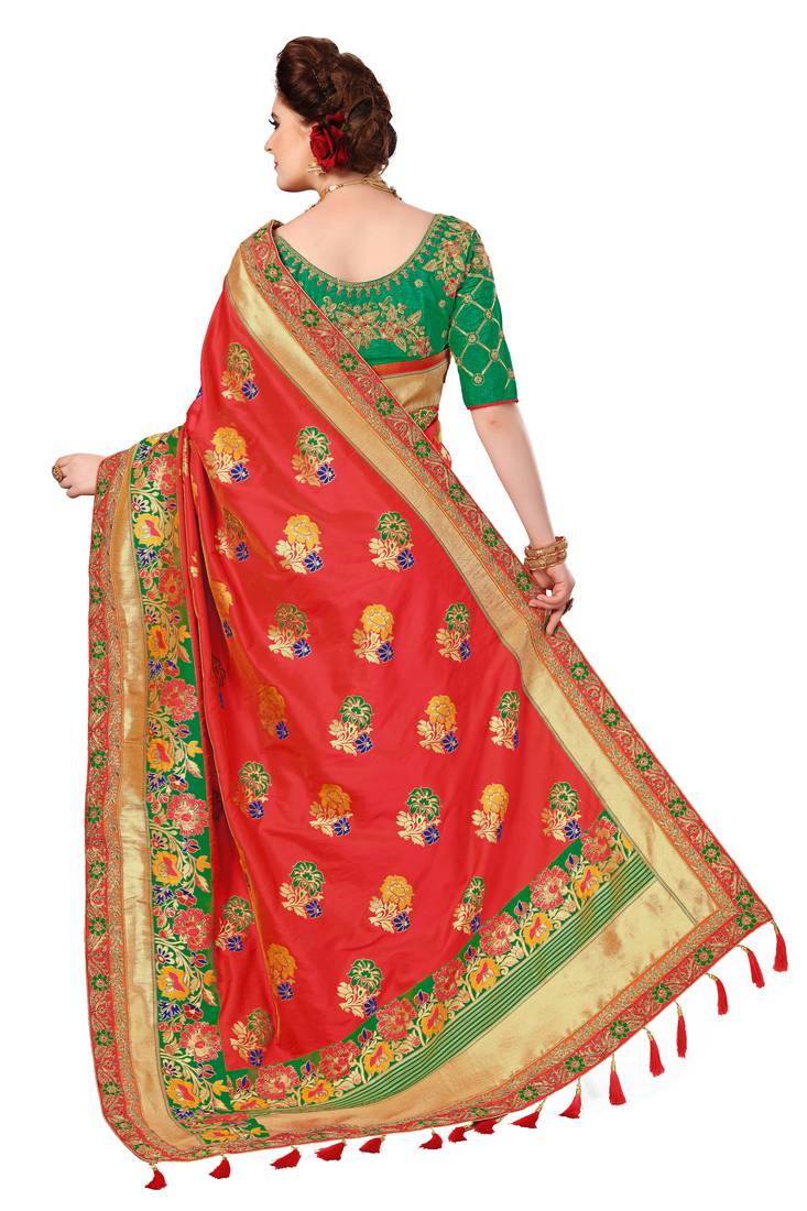 Trendmalls Women's Red Embroidered Printed Silk Saree With Heavy Work Blouse Piece