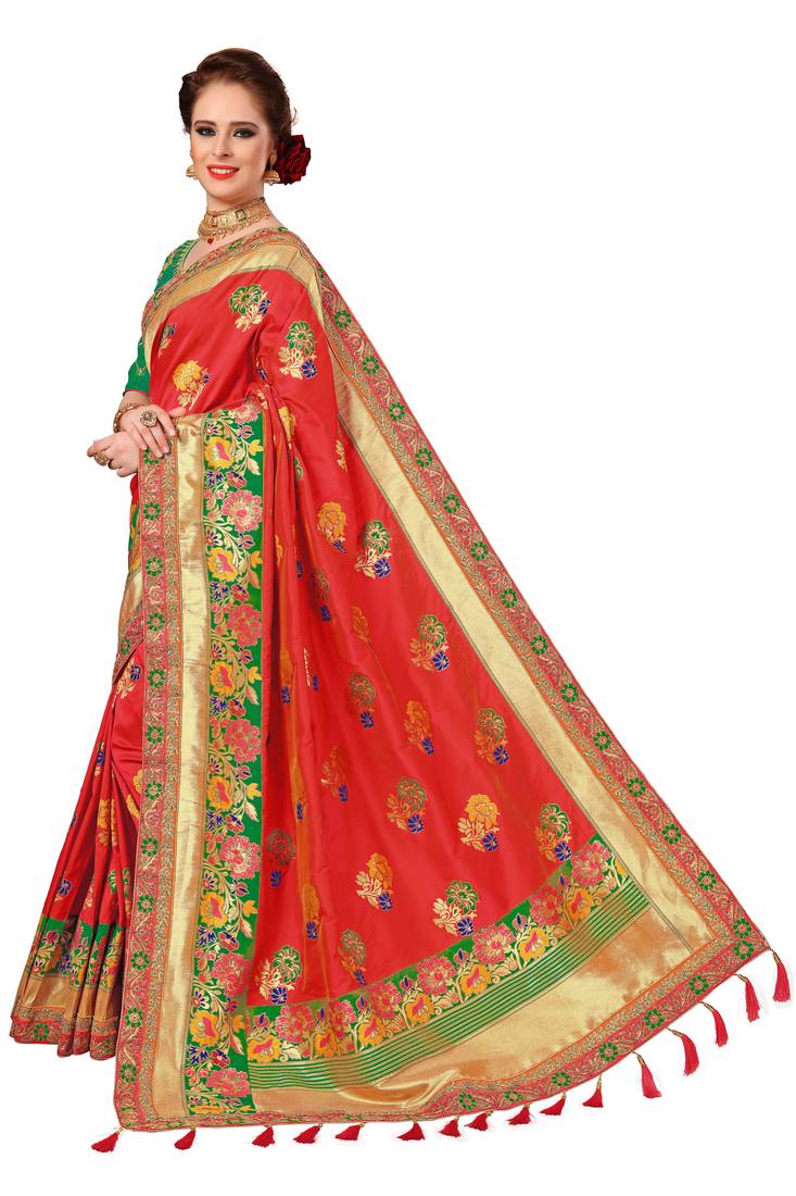 Trendmalls Women's Red Embroidered Printed Silk Saree With Heavy Work Blouse Piece