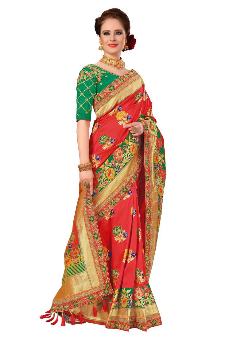 Trendmalls Women's Red Embroidered Printed Silk Saree With Heavy Work Blouse Piece