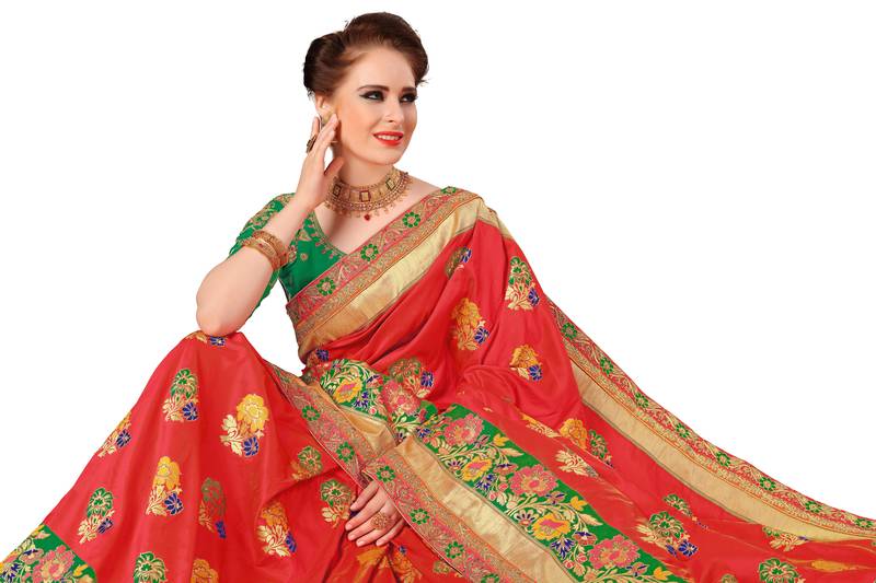 Trendmalls Women's Red Embroidered Printed Silk Saree With Heavy Work Blouse Piece