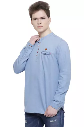 men's light blue short denim kurta