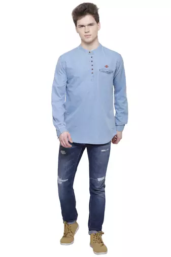 men's light blue short denim kurta
