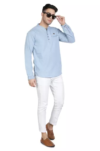 men's light blue short denim kurta