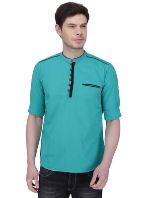 men's linen cotton forest green short kurta for men 1