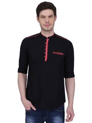 men's linen cotton black short kurta for men   1