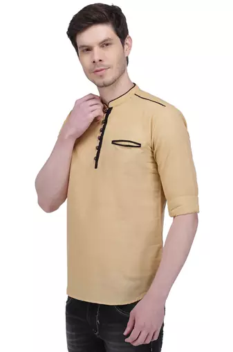 men's linen cotton royal beige short kurta for men