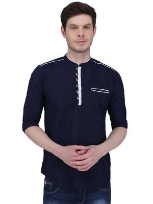 men's linen cotton navy blue short kurta for men 1