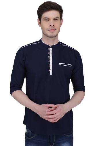 men's linen cotton navy blue short kurta for men