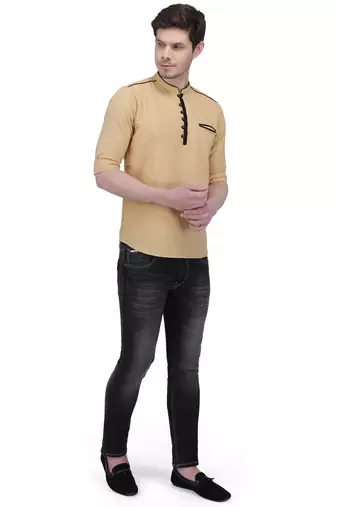 men's linen cotton royal beige short kurta for men