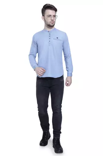 men's light blue short denim kurta