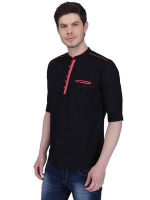 men's linen cotton black short kurta for men   3