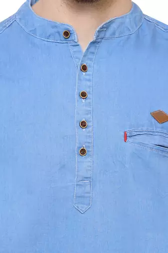 men's light blue short denim kurta