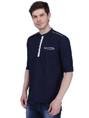 men's linen cotton navy blue short kurta for men 3