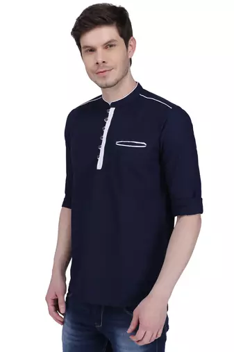 men's linen cotton navy blue short kurta for men