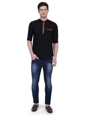 men's linen cotton black short kurta for men   4