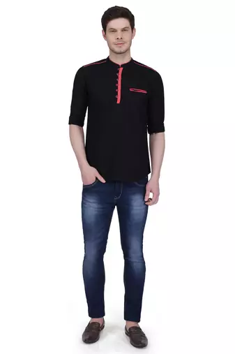 men's linen cotton black short kurta for men  