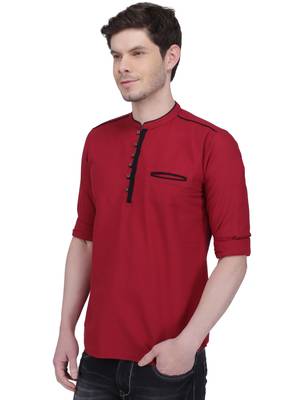 men's linen cotton maroon short kurta for men 3