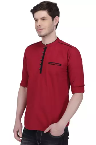 men's linen cotton maroon short kurta for men