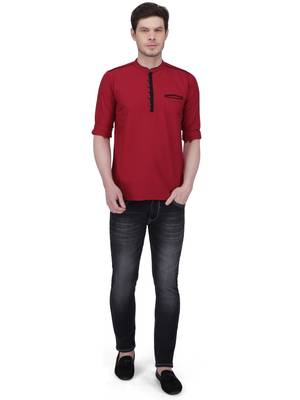 men's linen cotton maroon short kurta for men 4