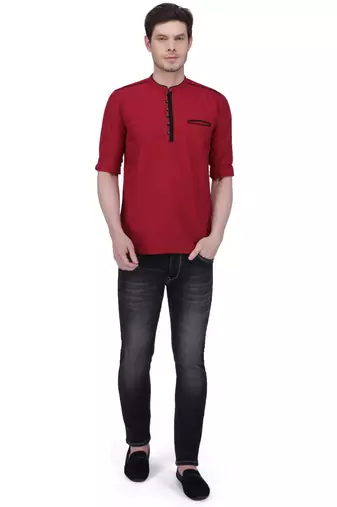 men's linen cotton maroon short kurta for men