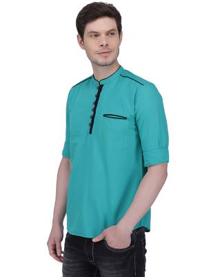 men's linen cotton forest green short kurta for men 3