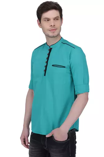 men's linen cotton forest green short kurta for men